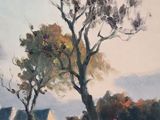 an oil painting of a tree in a field with a house in the background