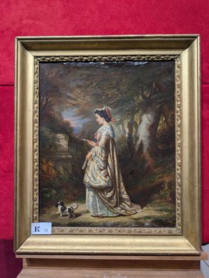 un tableau représentant une femme avec un chien posé sur une table