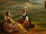 painting of two women sitting in a field with a tree in the background