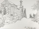 dessin représentant un vieux bâtiment en pierre avec une cheminée et une porte
