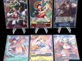 five cards of different characters on display on a black background