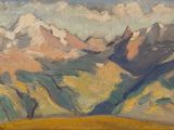 an image of a painting of a mountain range with a sky background