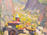 an oil painting of a church in the mountains