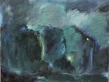 une peinture à l'huile représentant une grande vague déferlant sur le rivage