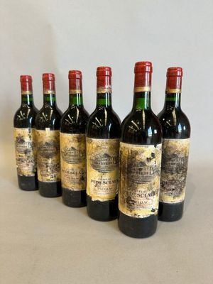 six bottles of wine lined up in a row on a table