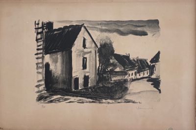un vieux dessin représentant une maison et un bateau sur l'eau