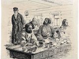 dessin d'un groupe de personnes assises autour d'une table dans une pièce