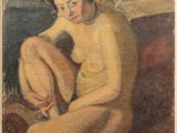 une peinture à l'huile représentant une femme nue assise sur un lit