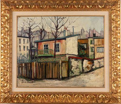 une peinture à l'huile représentant une scène de rue avec des maisons et une clôture