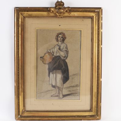 an old picture of a woman with a basket in her hand