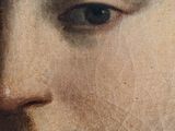 painting of a close up of a woman ' s face with red lipstick
