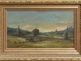 an oil painting of a landscape with cattle grazing in a field