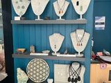 a display of jewelry on a shelf in a store