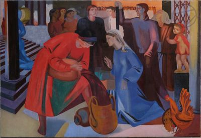 tableau représentant un groupe de personnes rassemblées autour d'une femme en robe rouge