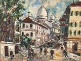 painting of a painting of a street scene with people walking down the street