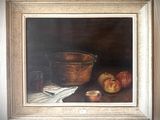 tableau représentant une nature morte composée de pommes et d'un bol posés sur une table