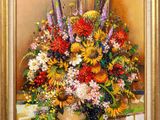 painting of a vase of flowers on a table with a window in the background