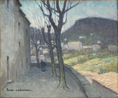 an image of a painting of a view of a town from a hill
