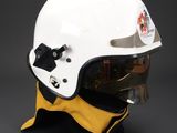 the helmet is white and has a yellow scarf around the neck