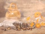 un tableau représentant un assortiment d'aliments posés sur une table