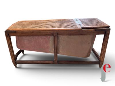 a coffee table with a basket on top of it