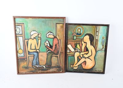deux tableaux représentant un homme et une femme assis à une table