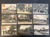 several old black and white photos of a train station and people