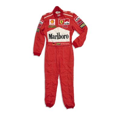 a close up of a red race suit on a white background