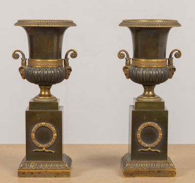 pair of antique bronze urns on pedestals on a table