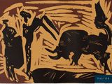a picture of a painting of a man and a cow