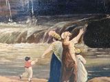 a painting of a woman and two children on the beach