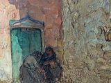 a painting of an old building with a green door and a pile of leaves on the ground