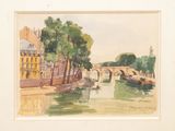 a watercolor painting of boats on the river
