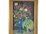 painting of a painting of a vase with flowers in it on a table