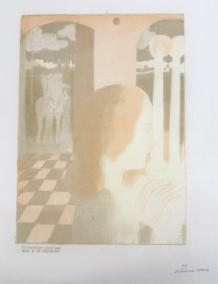 painting of a woman looking out a window with a cat in the background