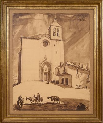 une vieille photo d'une église devant laquelle se trouve une calèche