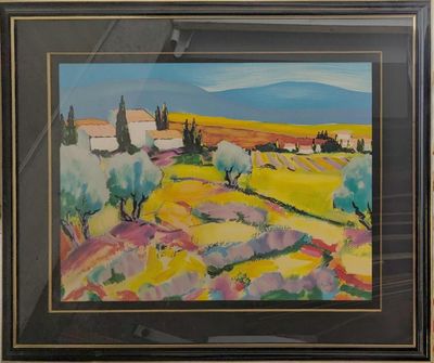 painting of a landscape with trees and hills in the background