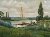 une peinture représentant un bateau sur l'eau, près du rivage