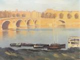 une peinture représentant un pont au-dessus d'une étendue d'eau