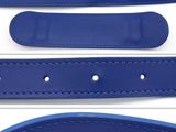 a close up of a blue leather belt with white stitching
