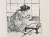 dessin représentant une femme en train de lire un livre devant une fenêtre