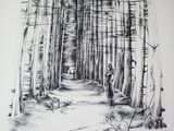 a black and white drawing of a man in the woods