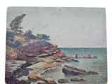 a painting of a rocky beach with rocks and trees on the shore