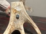 a person holding a piece of antelope on a table
