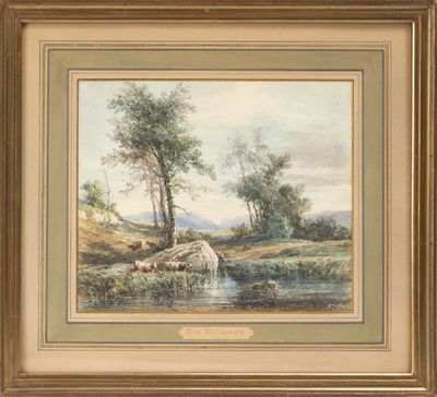 un tableau représentant une scène fluviale avec du bétail dans l'eau