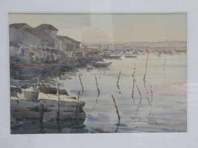 une aquarelle représentant une scène portuaire avec des bateaux
