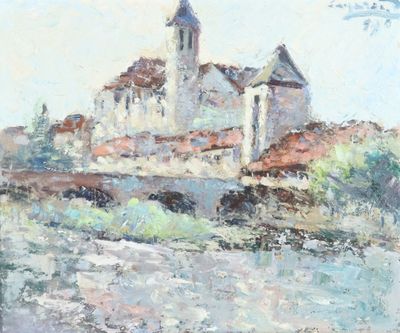 une peinture à l'huile représentant une église située sur une colline surplombant une rivière