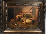 an oil painting of sheep and chickens in a barn by a window