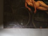 a painting of a naked woman sitting on a barrel