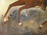 a painting of a man riding a horse on a hill